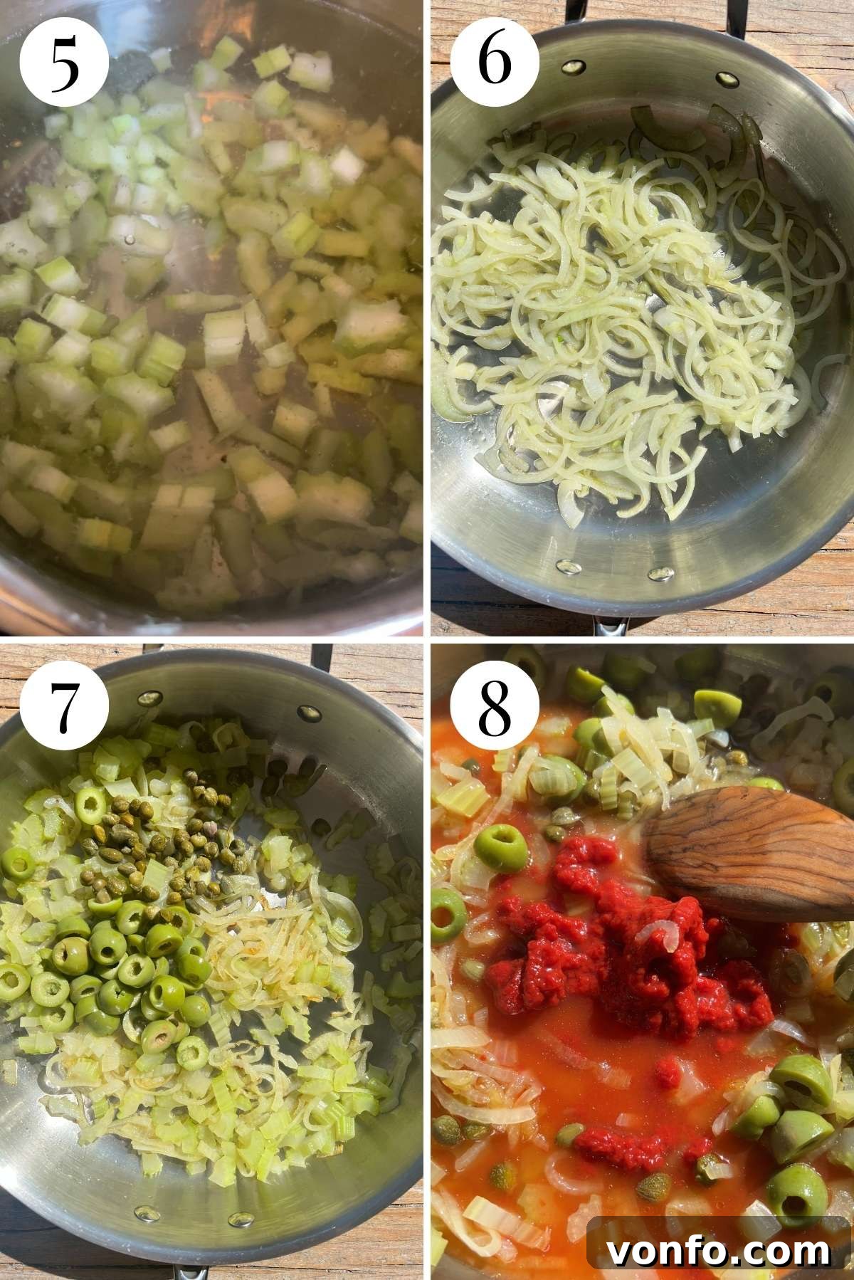 Sicilian Sunshine Caponata 5 Four photos in a collage showing how boil celery and then saute it with onions, olives, capers and tomato.