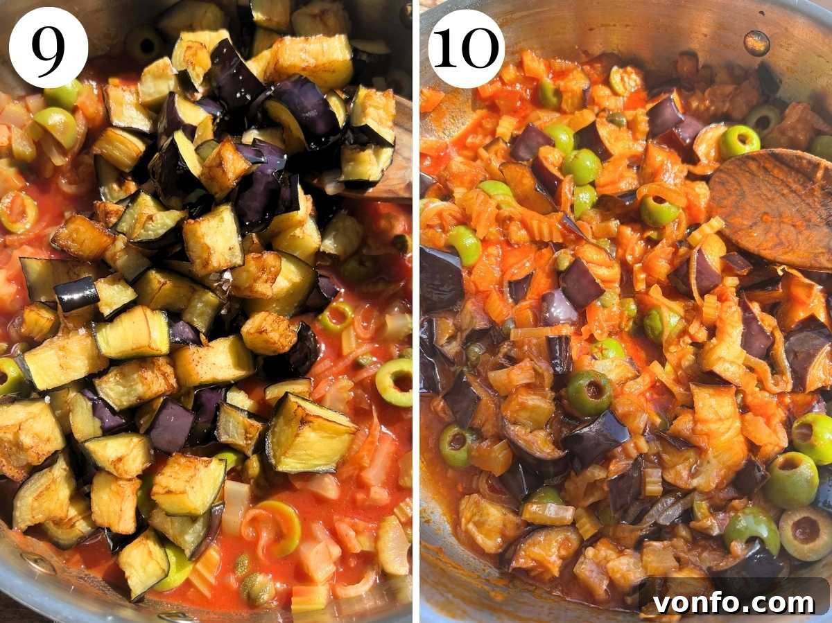 Sicilian Sunshine Caponata 6 Two photos showing before and after addign the fried eggplant to caponata.