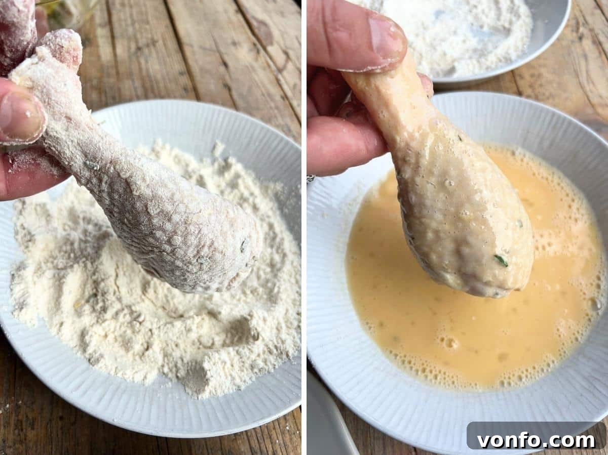 Rustic Tuscan Fried Chicken 7 Two sequential images showing a chicken drumstick first being dredged in a bowl of flour, then dipped into a bowl of beaten egg for coating, illustrating the preparation steps.