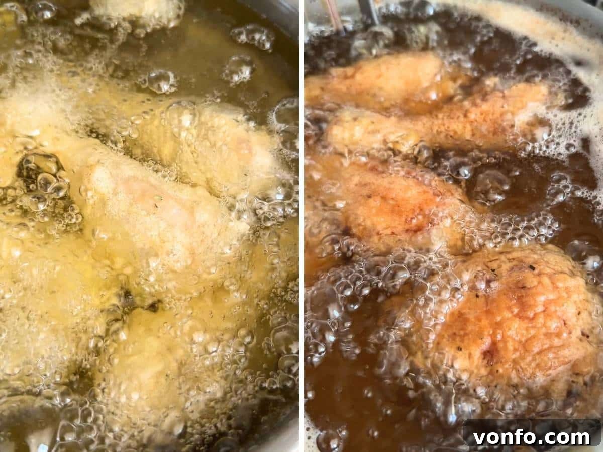 Rustic Tuscan Fried Chicken 8 Two photographs demonstrating the process of frying chicken in hot oil, showing the chicken achieving a golden-brown crust.