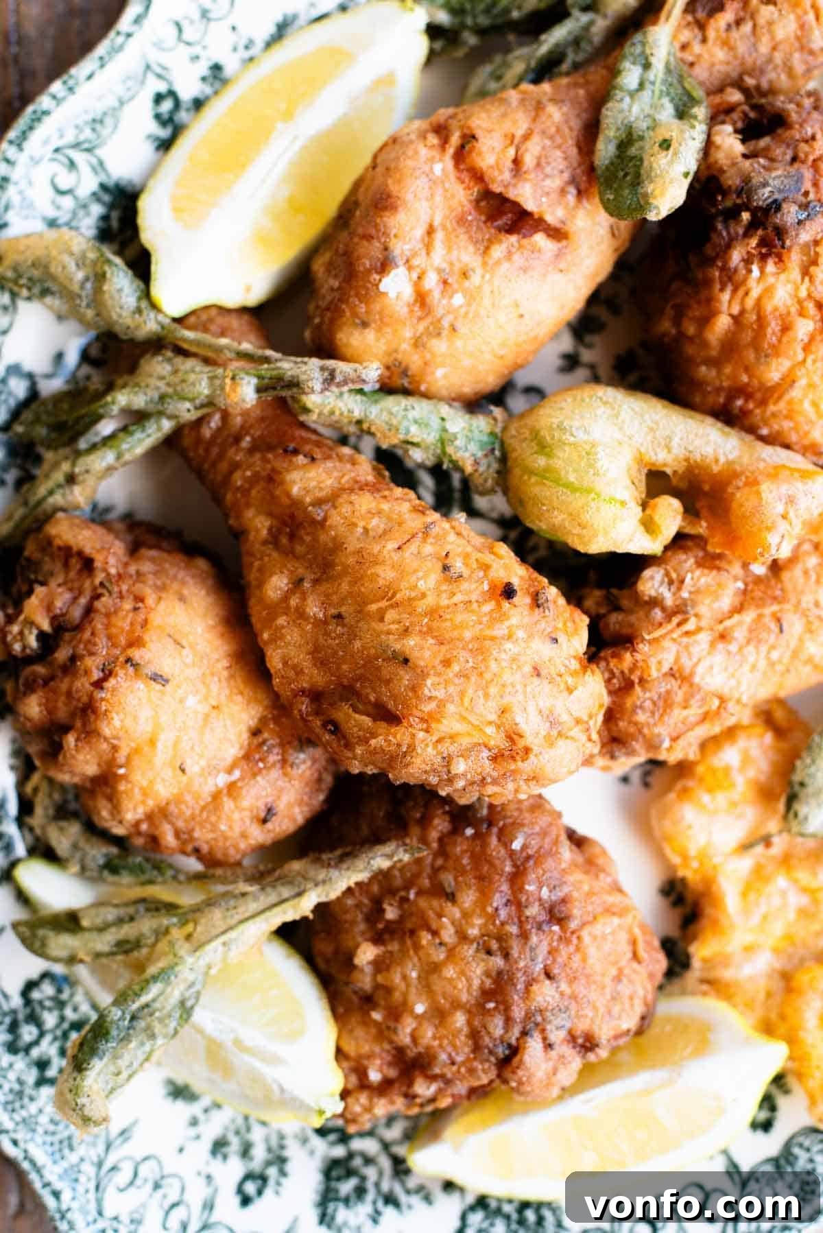 Rustic Tuscan Fried Chicken 4 A close-up shot of perfectly golden-brown Italian fried chicken, garnished with fresh sage leaves and delicate fried zucchini blossoms, artfully arranged on a serving platter.
