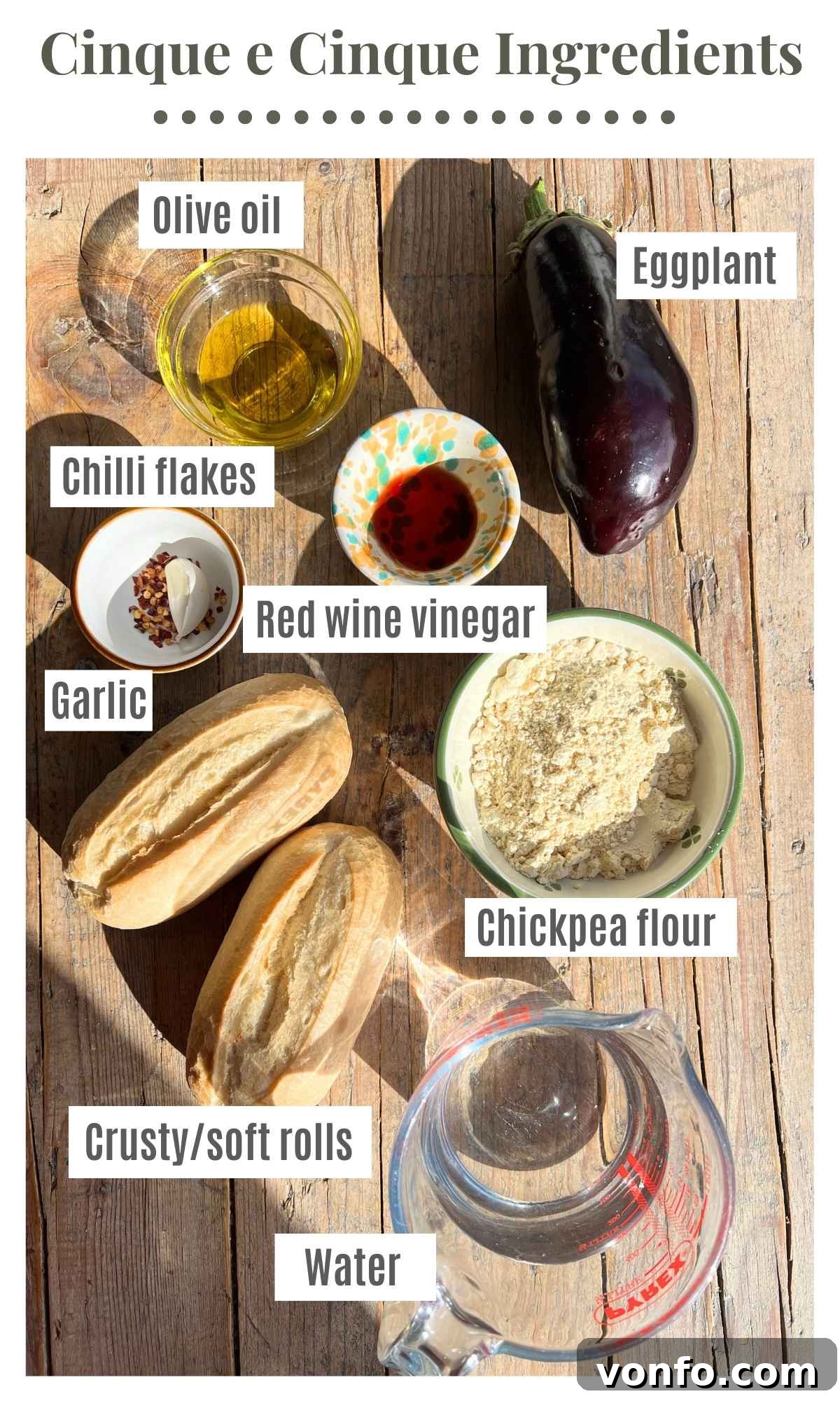 Cinque e Cinque: Livorno's Chickpea Pancake Sandwich 3 All the essential ingredients neatly arranged on a rustic wooden background, ready to be transformed into a delicious 5x5 Livornese sandwich.