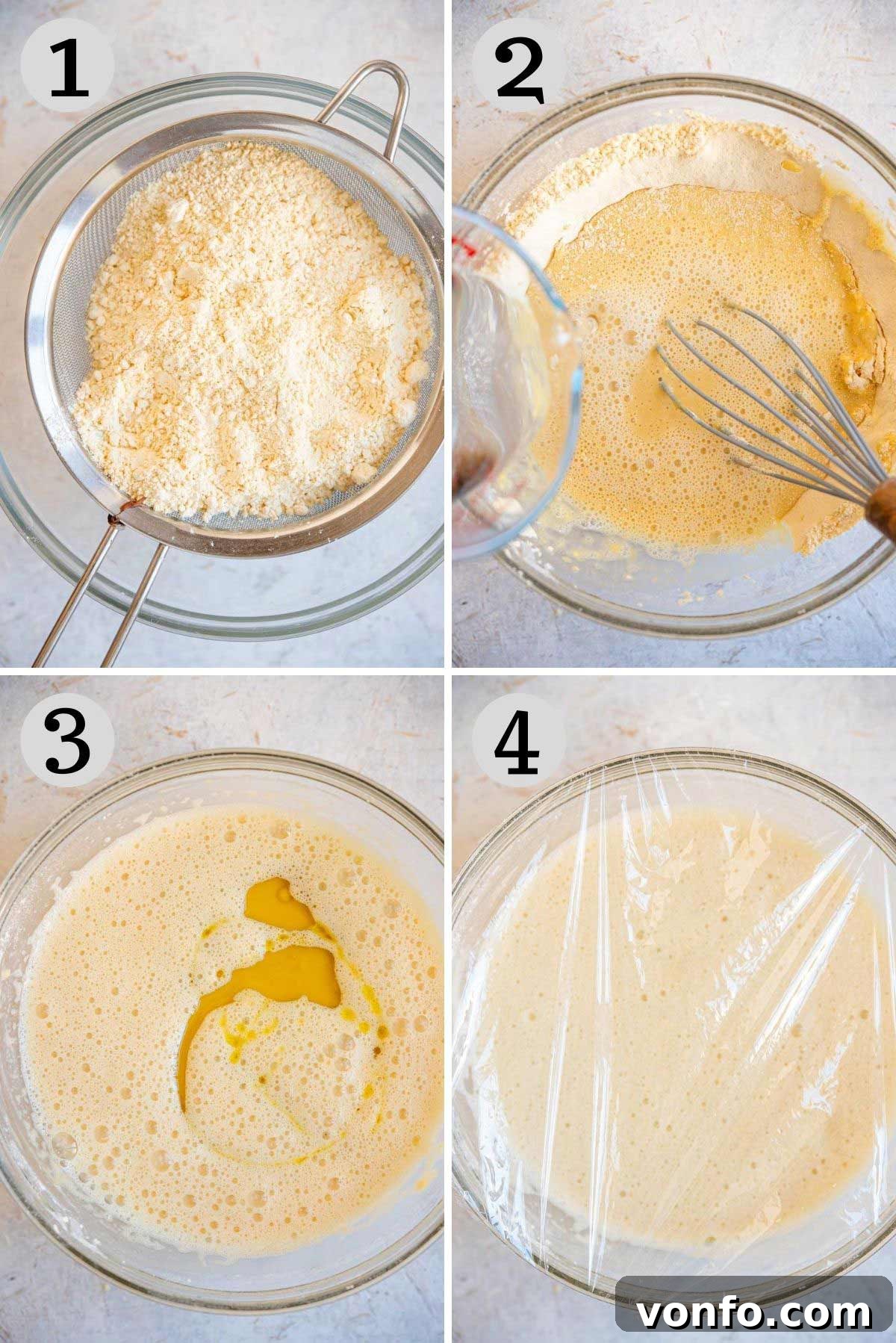 Cinque e Cinque: Livorno's Chickpea Pancake Sandwich 4 Four photos in a collage demonstrating the process of making chickpea batter using chickpea flour, water, olive oil, and salt, showing the smooth consistency.