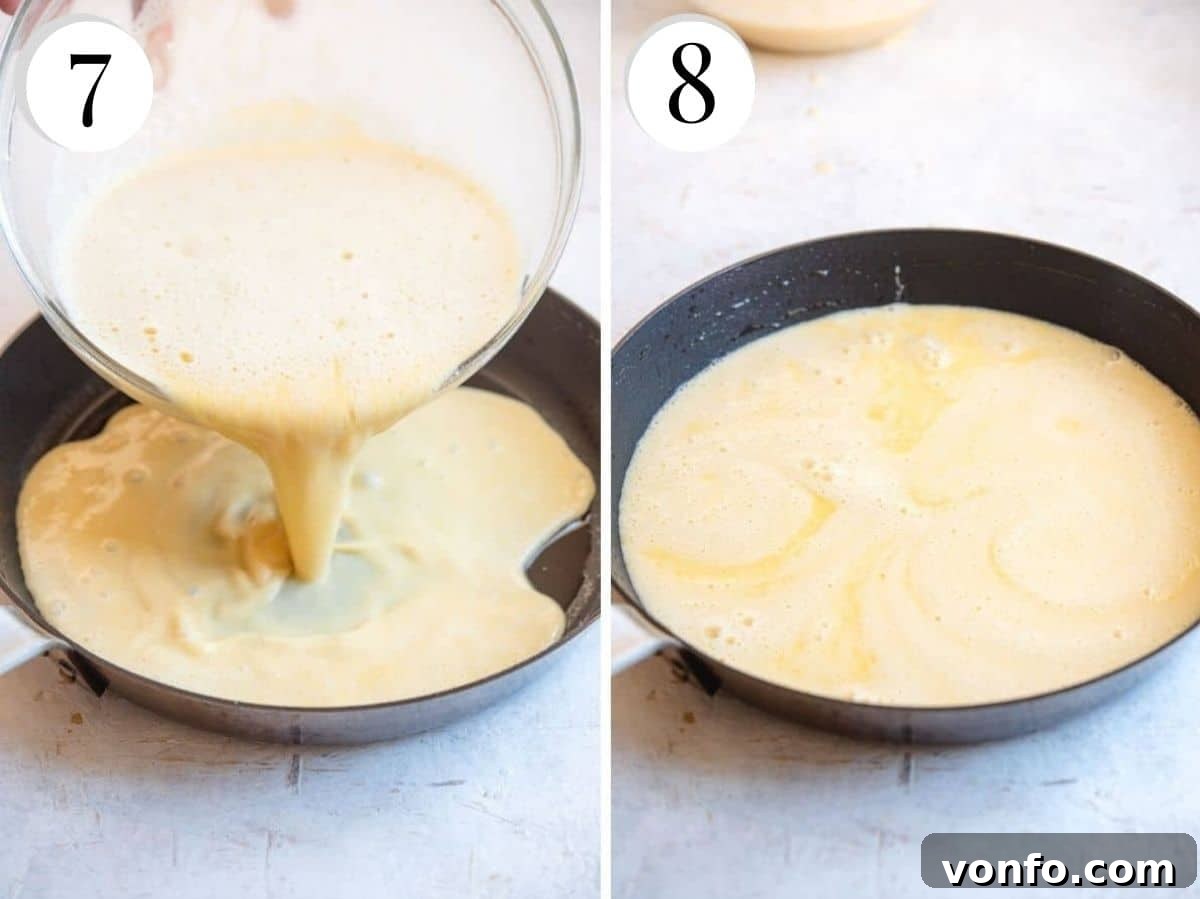 Cinque e Cinque: Livorno's Chickpea Pancake Sandwich 6 Two photos illustrating the process of pouring the smooth chickpea batter into a hot skillet/pan, ready for baking.
