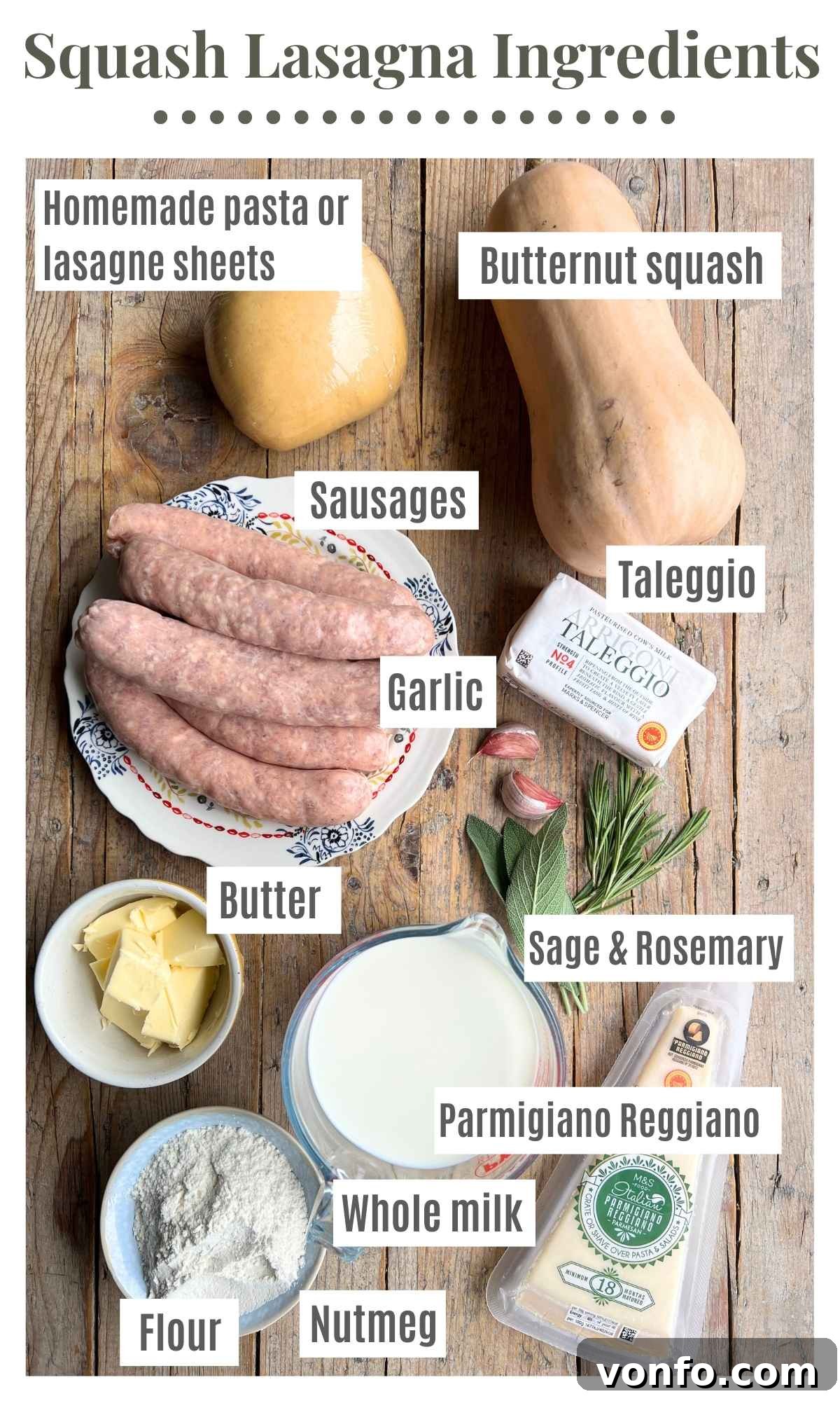 All the fresh ingredients meticulously laid out on a rustic wooden background, showcasing a whole butternut squash, vibrant fresh herbs like rosemary and sage, savory Italian sausages, and a block of rich Taleggio cheese. Each item is perfectly prepped and ready for the recipe.
