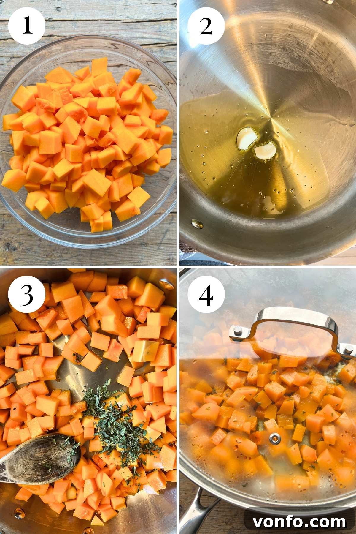 A four-photo collage demonstrating the detailed process of preparing and cooking butternut squash: 1) trimming and peeling the squash, 2) dicing it into uniform cubes for even cooking, 3) sautéing the squash with fragrant garlic and fresh herbs, and 4) simmering it gently until it reaches a tender, easily mashable consistency.