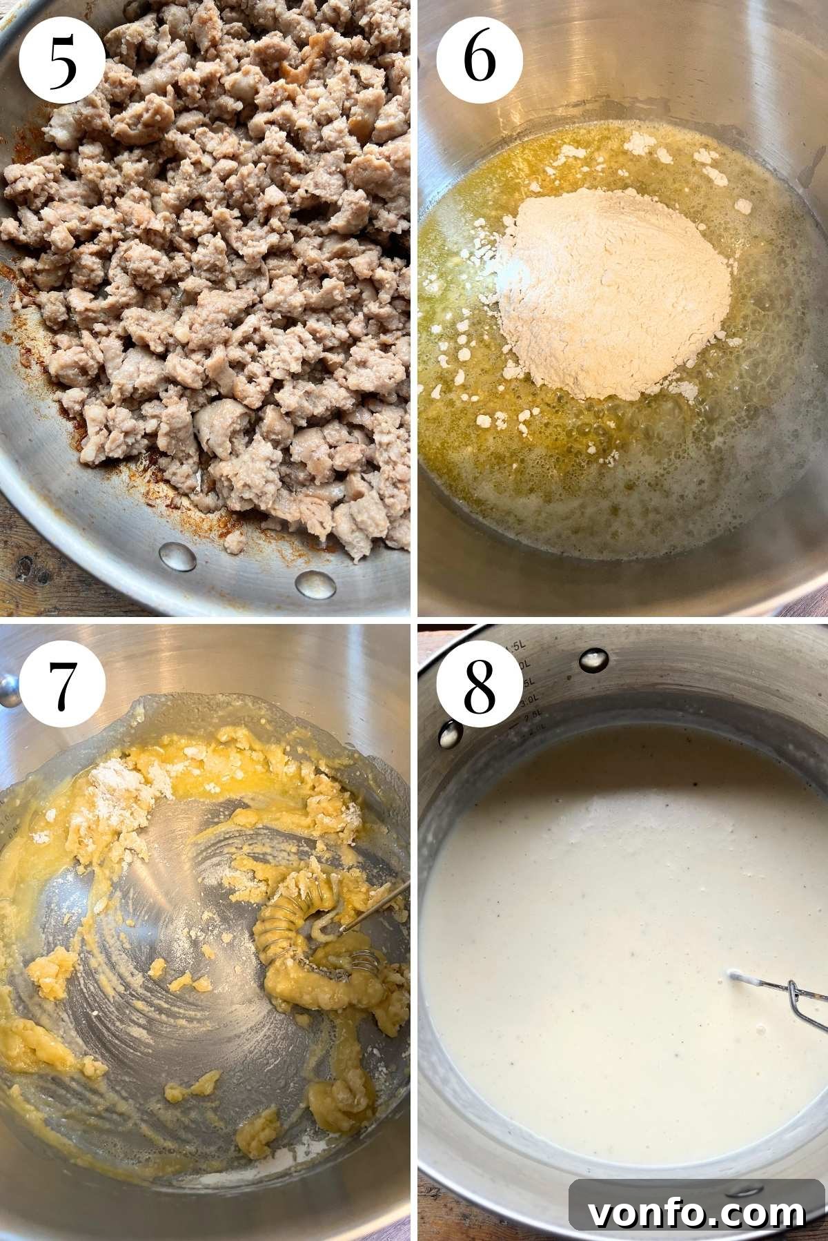 A four-photo collage demonstrating the detailed preparation of key lasagna components: 1) efficiently browning Italian sausage in a pan, breaking it into crumbles, 2) creating a smooth roux by melting butter and whisking in flour, 3) gradually adding milk and whisking to develop a creamy béchamel sauce, and 4) the finished, luxurious béchamel sauce, ready for integration.
