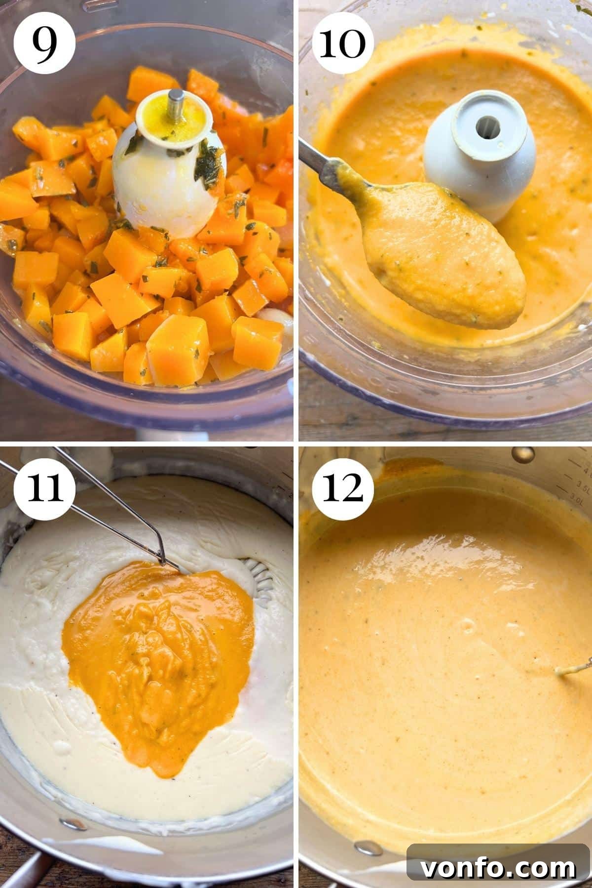A four-photo collage detailing the creation of the signature butternut squash béchamel: 1) cooked squash and garlic are placed into a food processor, 2) the ingredients are blitzed into a smooth puree, 3) the squash puree is then added to the prepared béchamel sauce, and 4) the two are stirred together to form a creamy, cohesive butternut squash béchamel.