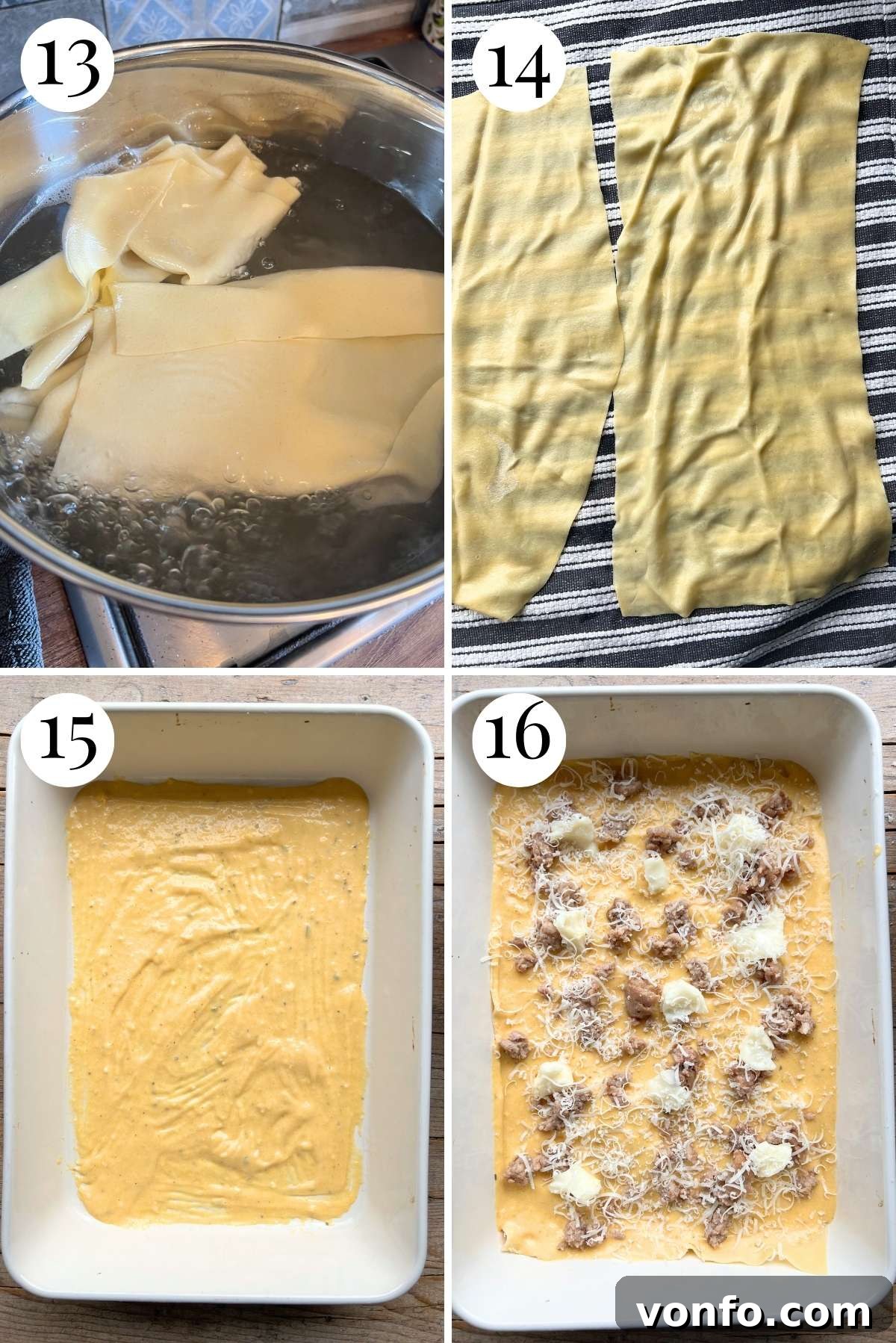 A four-photo collage illustrating the step-by-step assembly process of the lasagna: 1) blanching fresh pasta sheets in boiling water, 2) carefully drying the blanched pasta on clean kitchen towels, 3) spreading the first layer of béchamel sauce onto the bottom of the baking dish, and 4) meticulously layering pasta, sauce, sausage, and cheese in sequence within the dish.