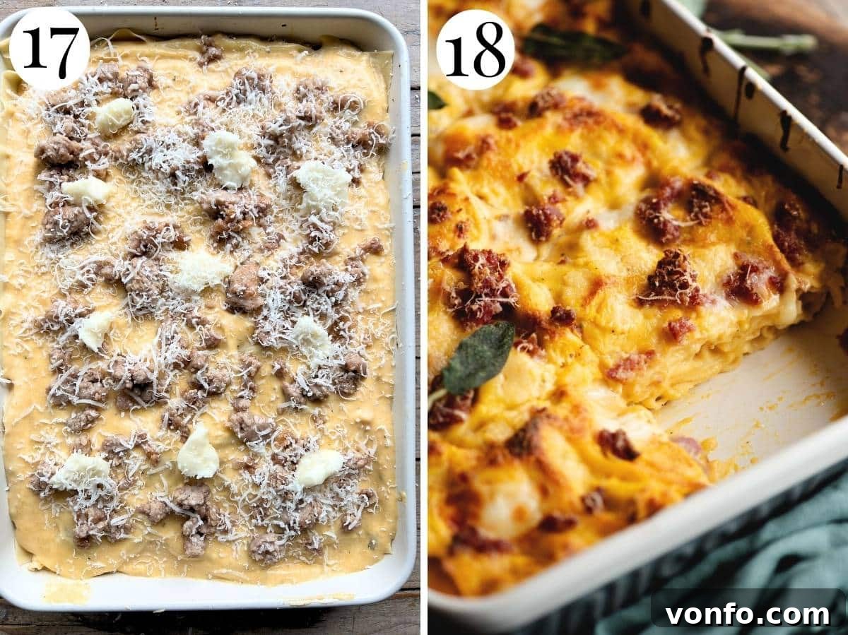 A striking two-photo comparison showing the butternut squash lasagna before baking, with its neat, uncooked layers, and after baking, transformed into a golden brown, bubbly, and perfectly cooked masterpiece, ready to be enjoyed.