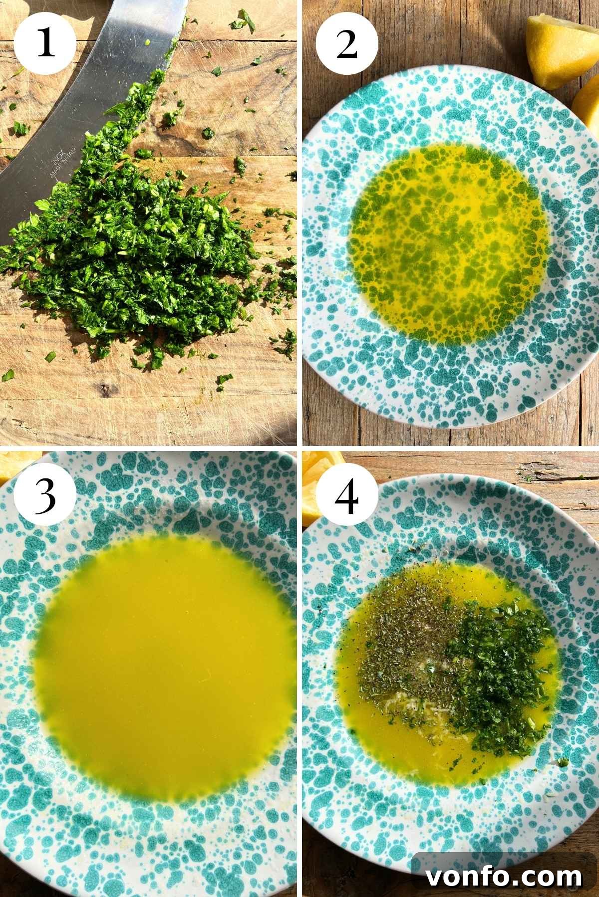 Four photos in a collage showing the step-by-step process of making Salmoriglio sauce, from chopping parsley to mixing ingredients.