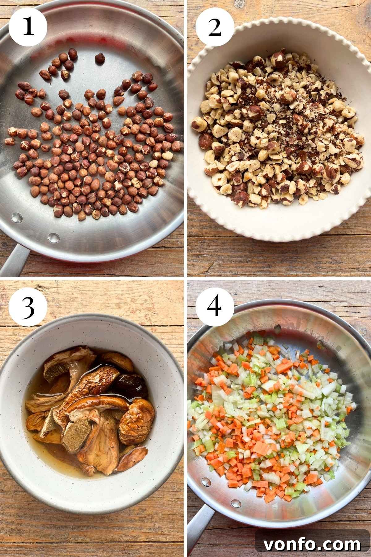Piedmontese Hazelnut Ragu: A Rustic Italian Delight 4 A four-panel collage illustrating the initial steps of making hazelnut ragu: 1) Toasting hazelnuts in a dry pan. 2) Pulsing toasted hazelnuts in a food processor to a coarse texture. 3) Soaking dried porcini mushrooms in hot water. 4) Sautéing finely chopped carrots, celery, and onion (soffritto) until soft and translucent.
