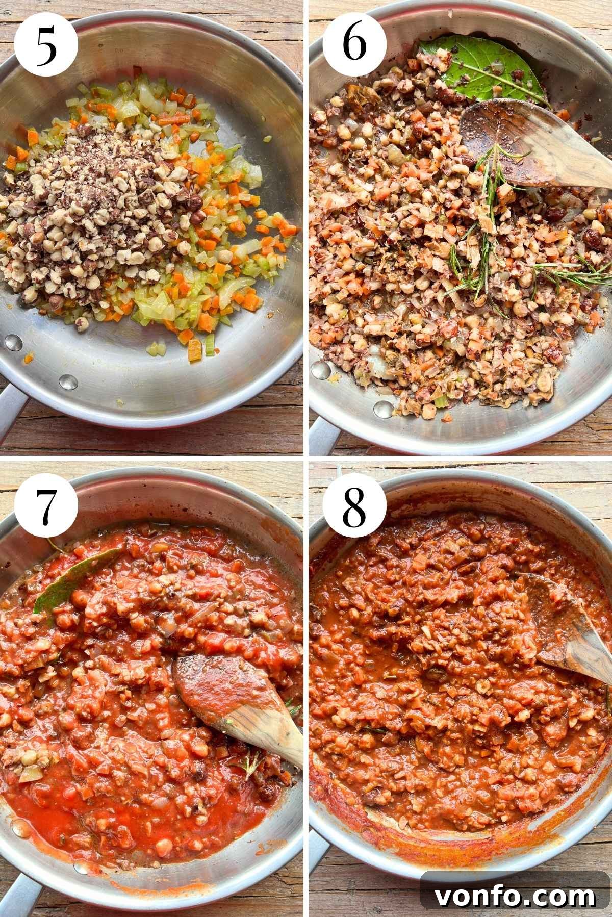 Piedmontese Hazelnut Ragu: A Rustic Italian Delight 5 A four-panel collage demonstrating the cooking process of hazelnut ragu: 1) Sautéing chopped vegetables. 2) Adding chopped hazelnuts, garlic, bay leaf, and rosemary to the pan. 3) Incorporating rehydrated porcini mushrooms and red wine, simmering until reduced. 4) Adding tomato passata and water, then stirring everything together for the long simmer.