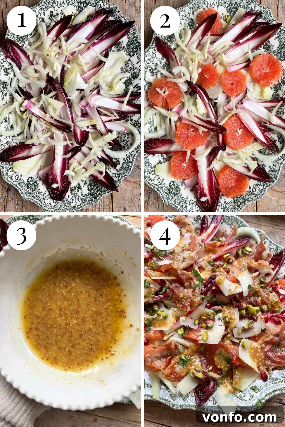 Four photos in a collage showing the different stages for building a festive blood orange salad with fennel and crispy prosciutto. From left to right: prosciutto frying, prepared oranges and fennel on a platter, salad being dressed, and final presentation.
