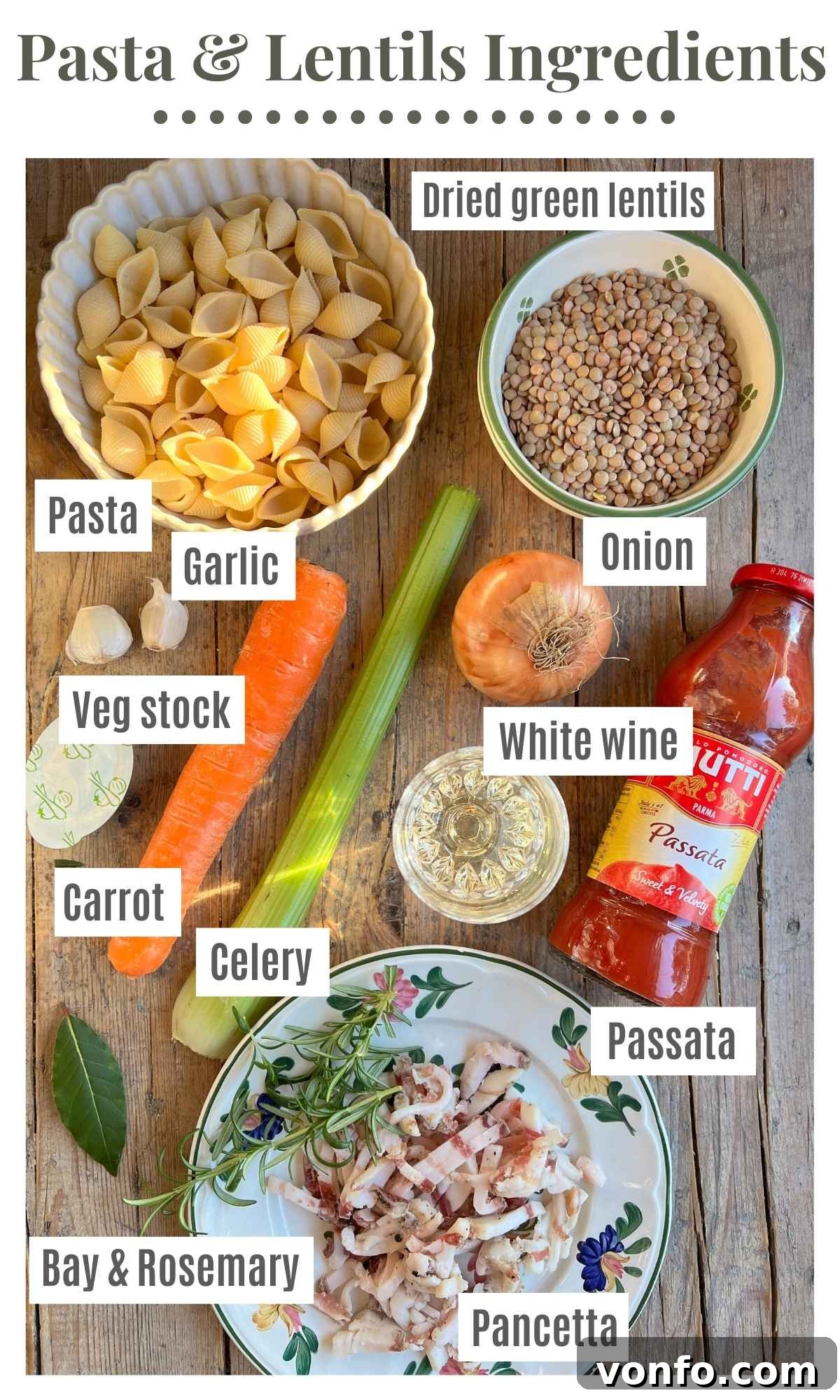 An overhead shot of all the essential ingredients neatly laid out on a rustic surface for making pasta and lentils. Labels clearly identify each component: small pasta, dried green lentils, passata (strained tomatoes), carrot, celery, onion (forming the soffritto base), a bay leaf, a sprig of fresh rosemary, diced pancetta, a bottle of white wine, and cloves of garlic.