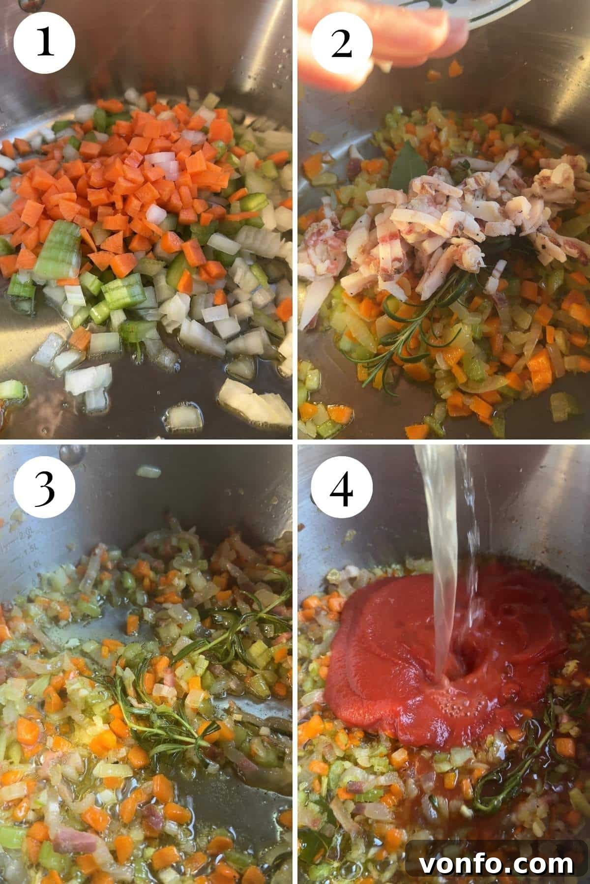 A four-photo collage illustrating the initial steps of the recipe: finely chopping soffritto ingredients (carrot, celery, onion), sautéing the soffritto in olive oil until soft, adding diced pancetta, and incorporating fresh herbs like bay leaf and rosemary to enhance the aromatic base.