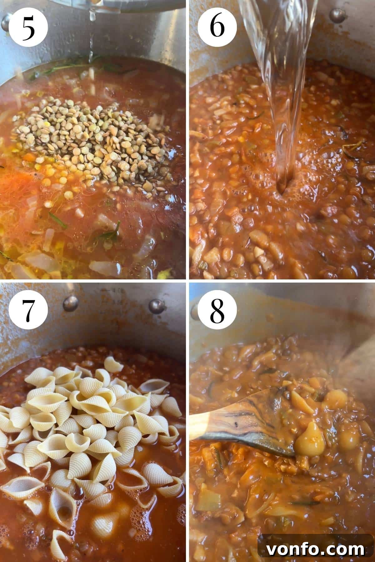 A four-photo collage depicting the intermediate steps of the recipe: adding passata (strained tomatoes) to the pot, incorporating vegetable stock and rinsed green lentils, and the mixture gently simmering under a lid to cook the lentils.