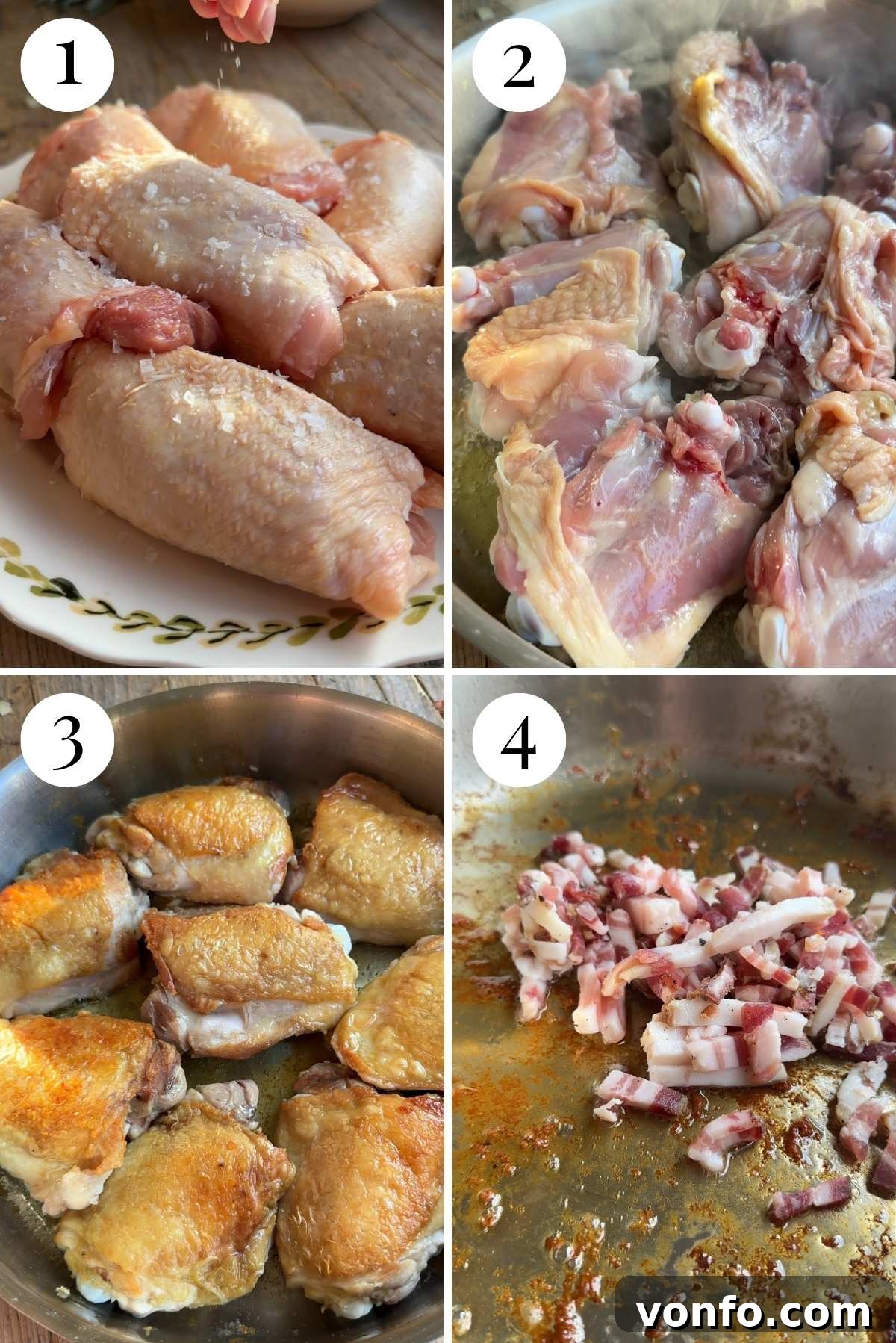A four-photo collage illustrating the process of browning skin-on chicken thighs to achieve crispy skin, followed by rendering pancetta in the same pan.