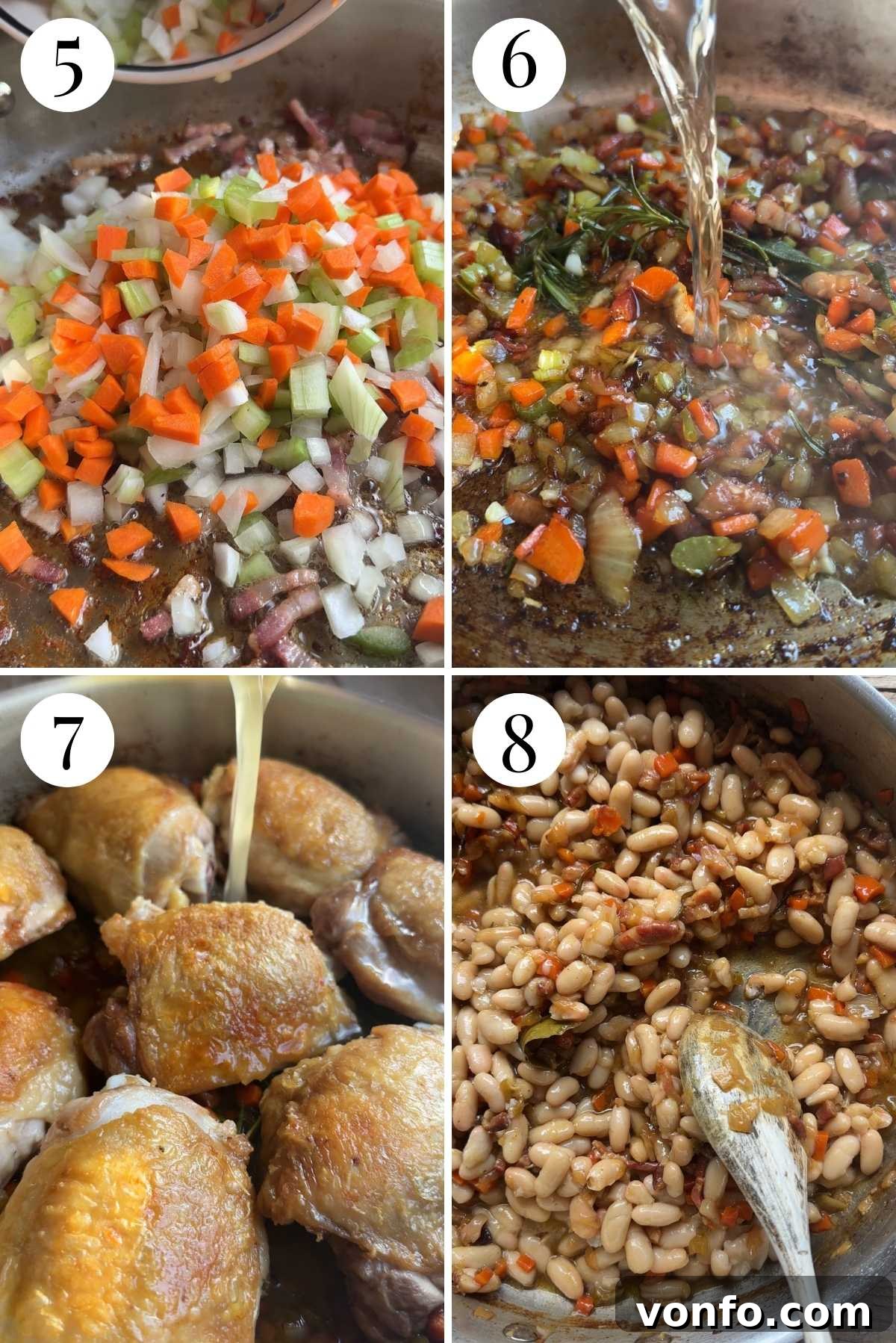 A four-photo collage illustrating the steps of braising chicken and vegetables in aromatic stock, followed by adding creamy cannellini beans to the rich sauce.