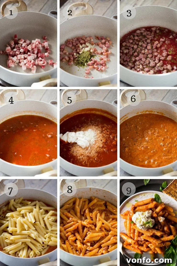 Step-by-step photos for making pasta with pancetta, ricotta, and tomato A sequence of step-by-step photos illustrating the process of making penne pasta with pancetta, ricotta, and tomato sauce, from frying pancetta to adding passata.