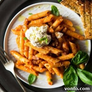 Penne Pasta with Ricotta and Tomato Sauce in a bowl, ready to serve.