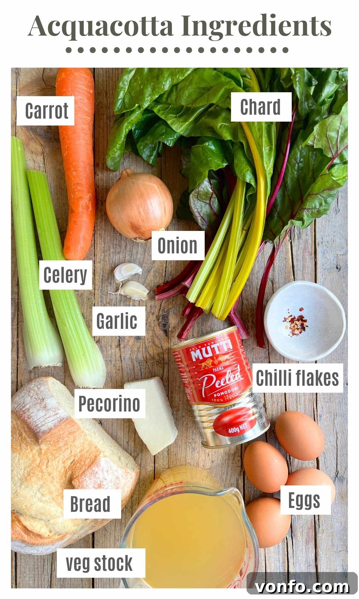 Acquacotta: The Rustic Tuscan Soup Crowned with Poached Eggs 3 An overhead shot of all the fresh ingredients needed to make a Tuscan Acquacotta soup, laid out beautifully.