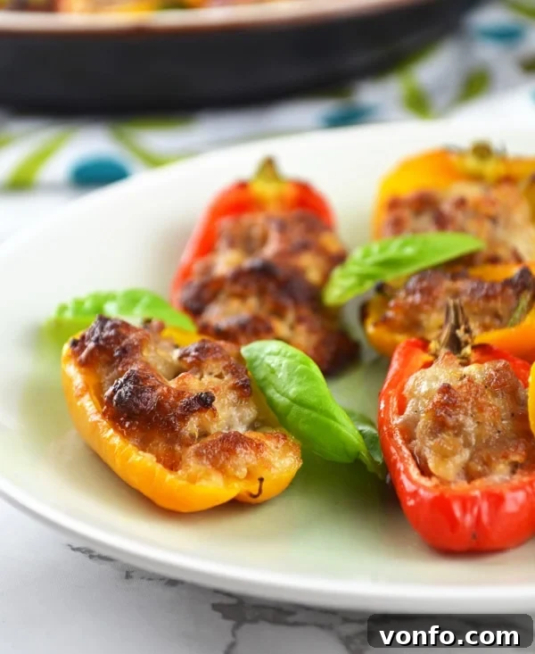 Savory Italian sausage and stracchino cheese filling in sweet mini peppers Close-up of baked sausage and stracchino stuffed mini peppers, showing golden-brown topping