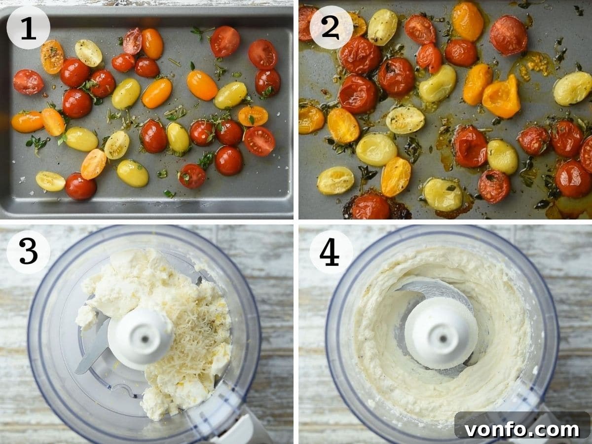 Step-by-step photos illustrating the process of making a smooth whipped ricotta dip with roasted tomatoes