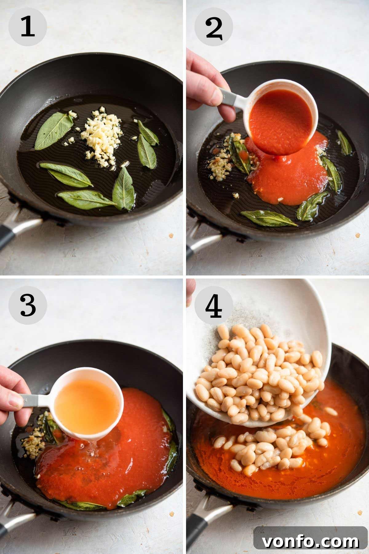 Tuscan White Beans in Rich Tomato Sauce 4 Step-by-step photographs illustrating the process of making Fagioli all'uccelletto, a traditional Italian beans in tomato sauce dish.