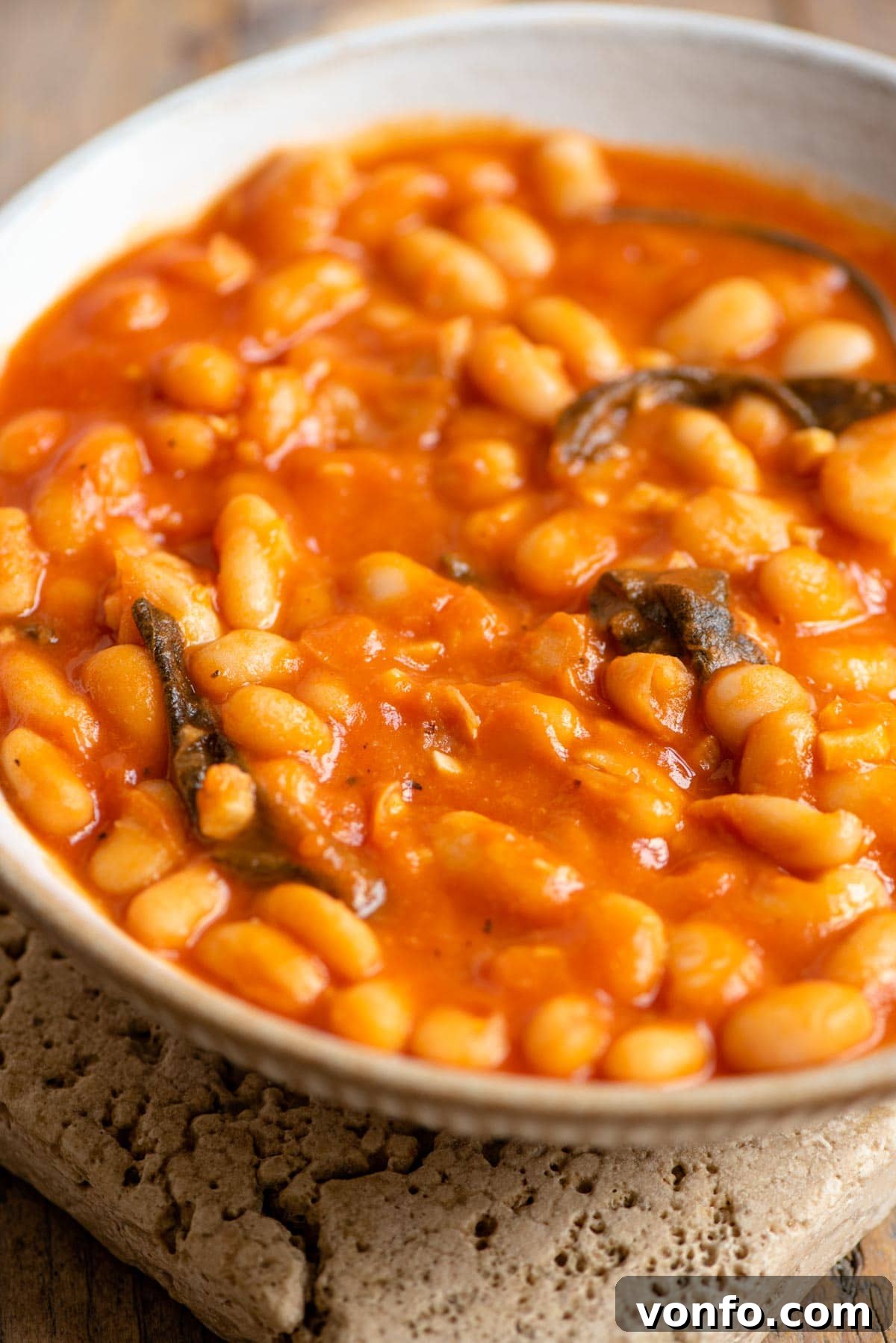 Tuscan White Beans in Rich Tomato Sauce 5 A close-up view of a serving of Fagioli all'uccelletto, highlighting the tender beans and rich tomato sauce, garnished with fresh sage leaves.