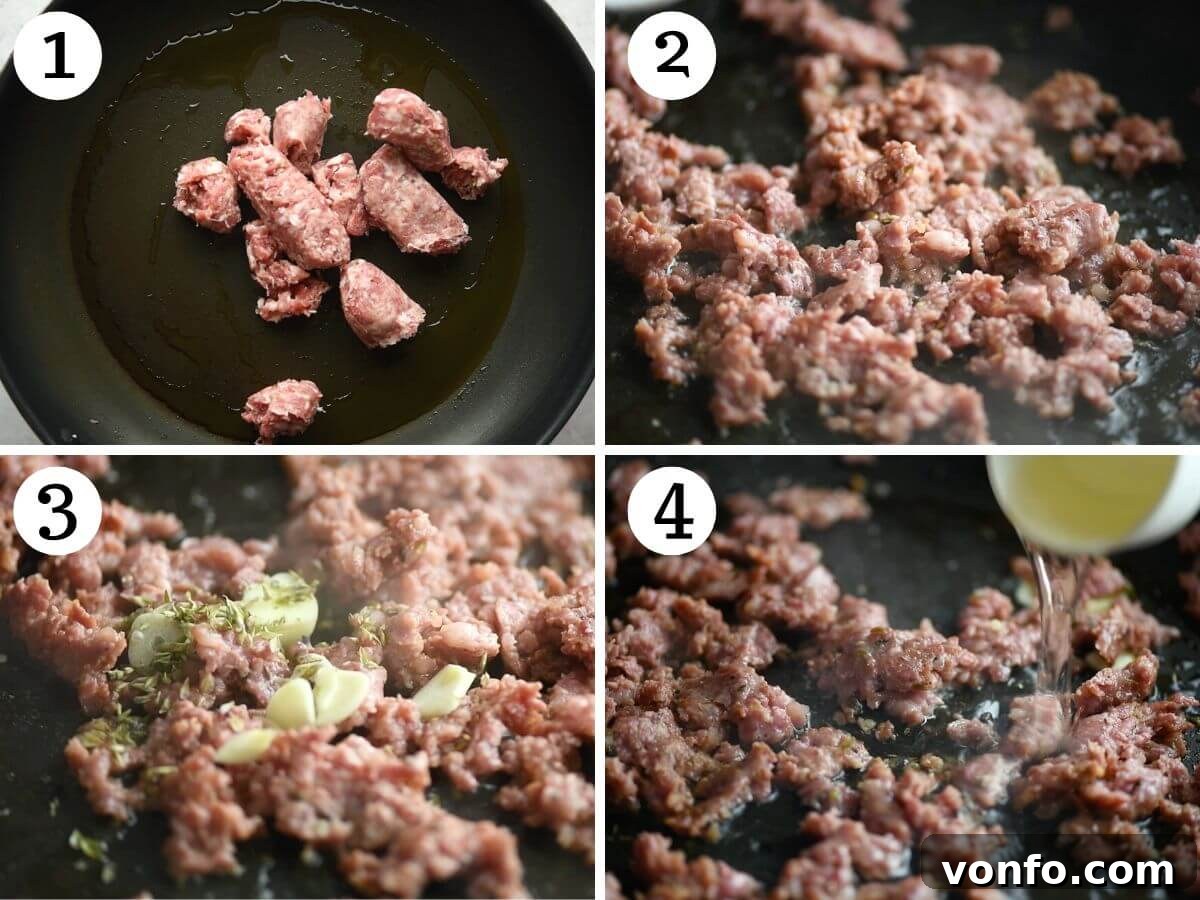 Velvety Tomato Pasta with Hearty Italian Sausage 4 Four photos in a collage showing the process of browning Italian sausages, adding garlic and oregano, and deglazing with white wine.