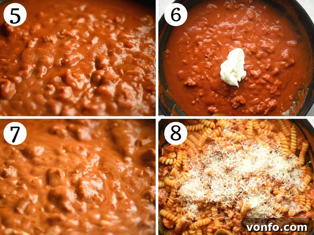 Velvety Tomato Pasta with Hearty Italian Sausage 5 Four photos in a collage demonstrating how to add tomato passata, mascarpone, and simmer the creamy tomato sauce.