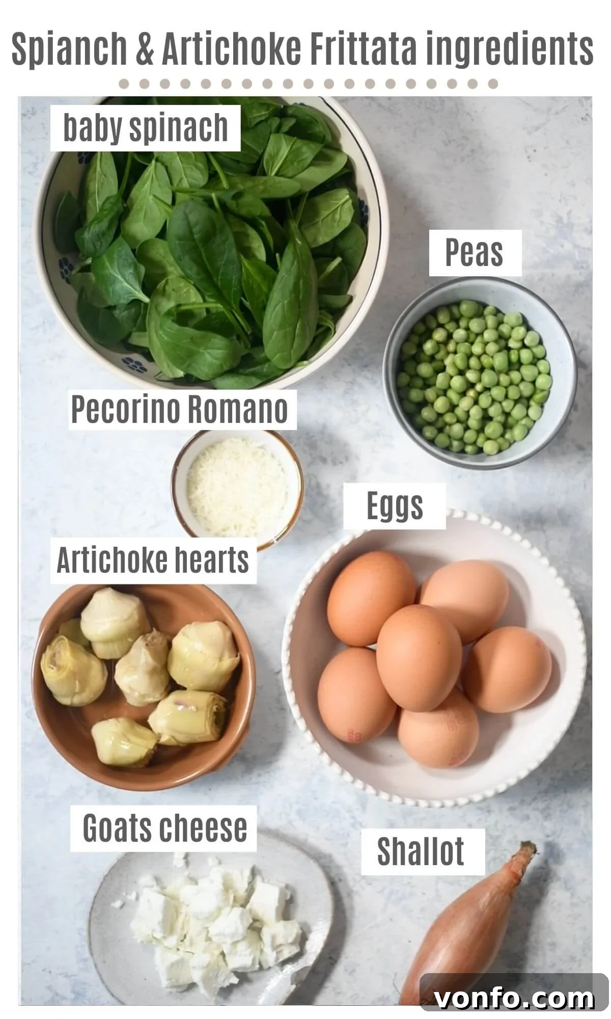 Vibrant Spinach Artichoke Frittata 3 An overhead shot showcasing all the fresh and jarred ingredients meticulously laid out for preparing a vibrant spinach and artichoke frittata.