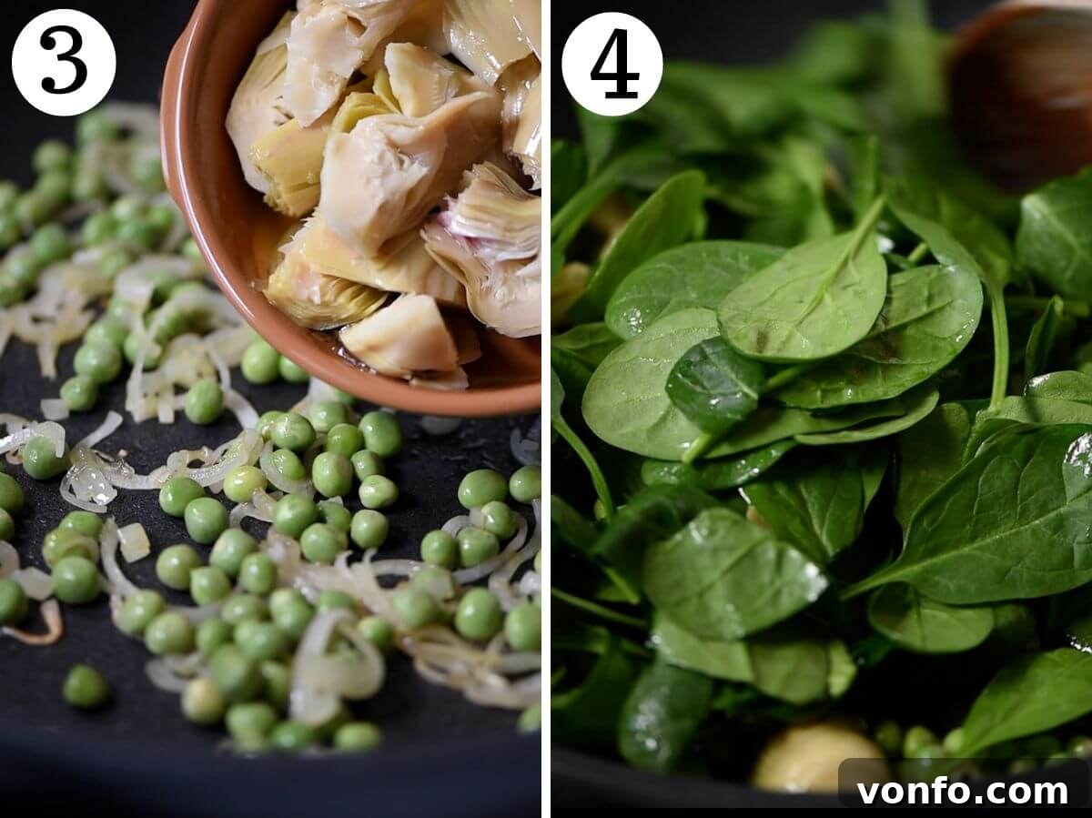 Vibrant Spinach Artichoke Frittata 5 A two-photo collage demonstrating the addition of ingredients: sliced artichoke hearts being added to the sautéed vegetables, followed by fresh spinach wilting into the mixture, creating a rich green base.