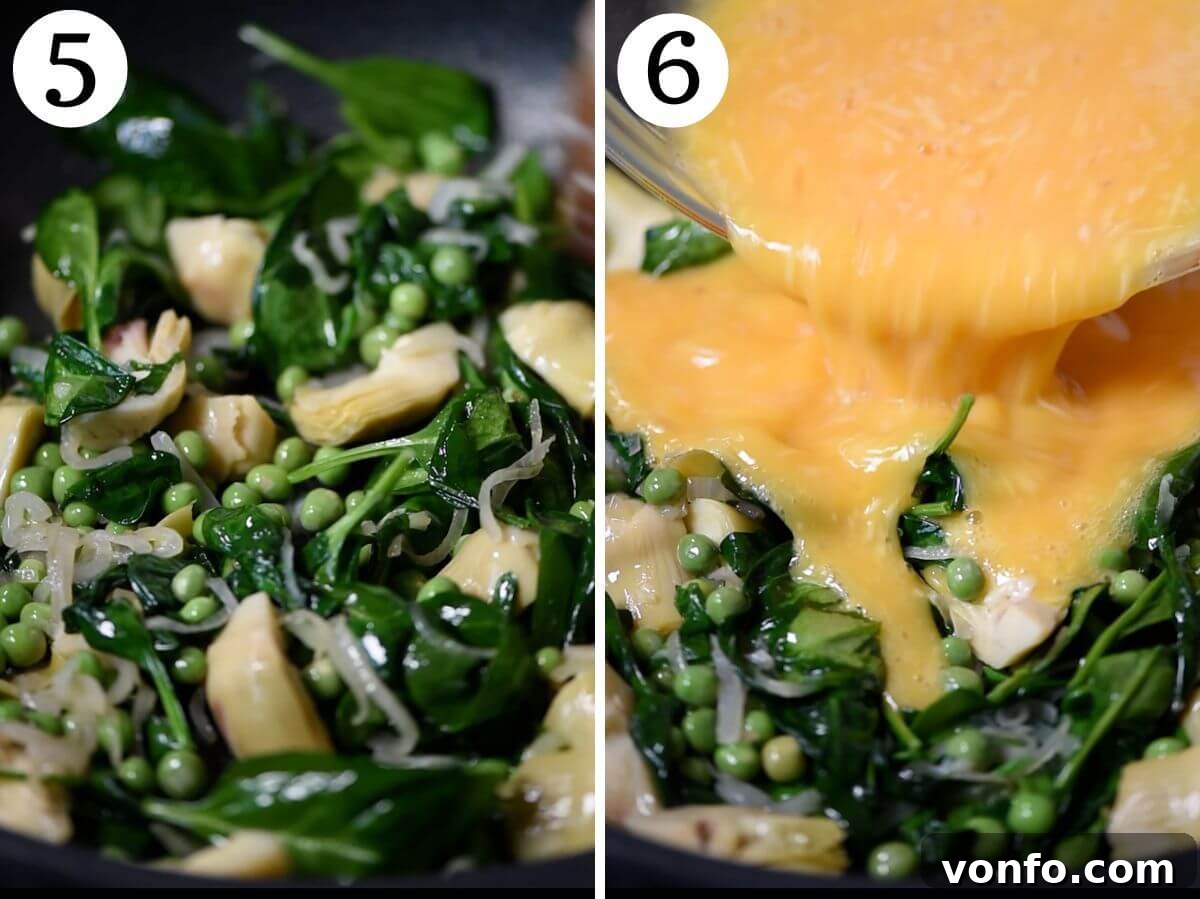 Vibrant Spinach Artichoke Frittata 6 A two-photo collage illustrating the egg addition: whisked eggs mixed with grated Pecorino, then poured meticulously over the vibrant spinach and artichoke vegetable base in the frying pan.