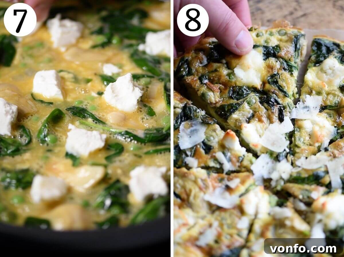 Vibrant Spinach Artichoke Frittata 7 A two-photo collage showing the frittata before and after baking: an unbaked frittata with goat's cheese dollops, next to the beautifully golden-brown, baked frittata fresh from the oven.