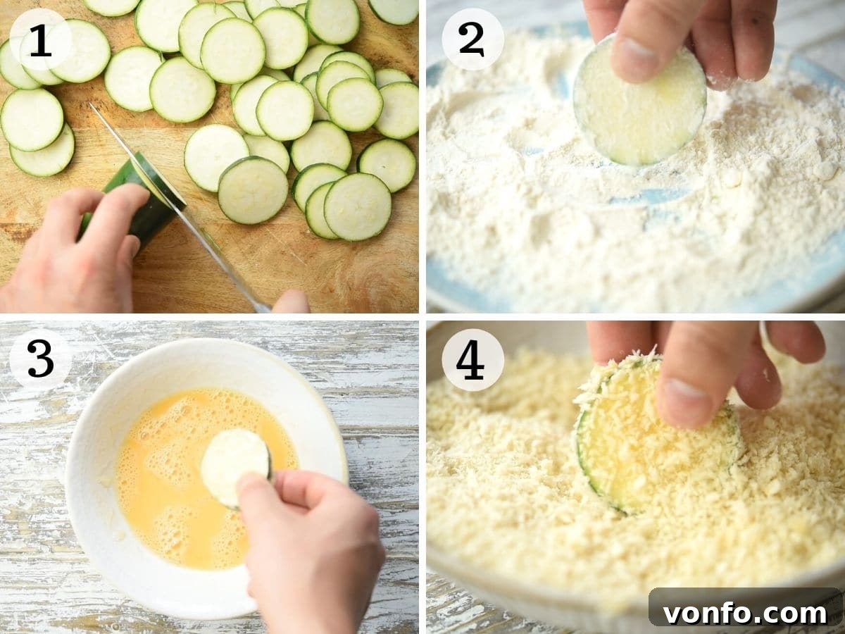 Golden Zucchini Pizza Fritters 4 Step by step photos illustrating the process of breading zucchini rounds with flour, egg, and breadcrumbs, a crucial step for crispy fried zucchini pizza bites.