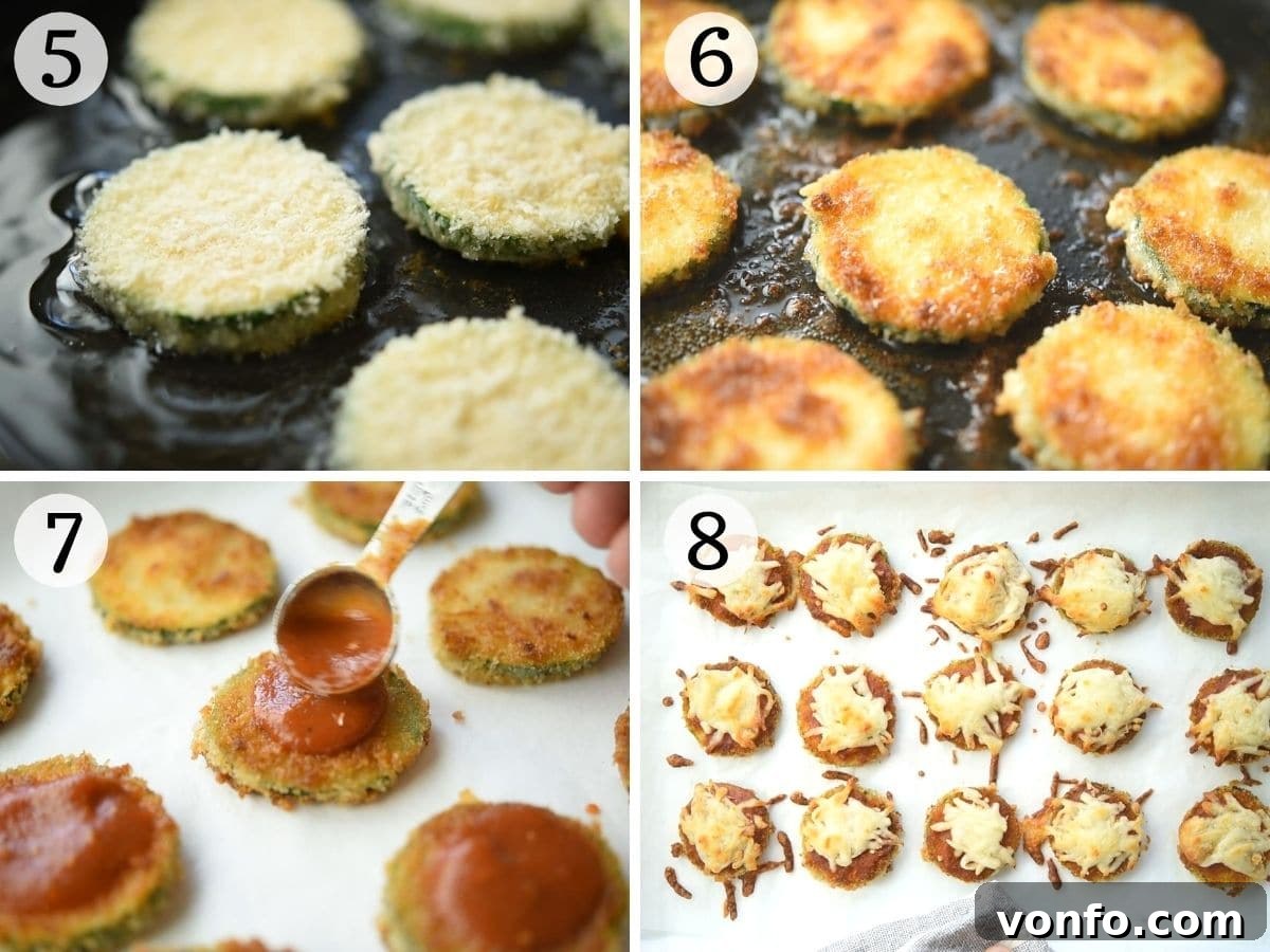 Golden Zucchini Pizza Fritters 5 Step by step photos showing how to cook and assemble zucchini pizza bites, from frying the zucchini to topping it with sauce and cheese.