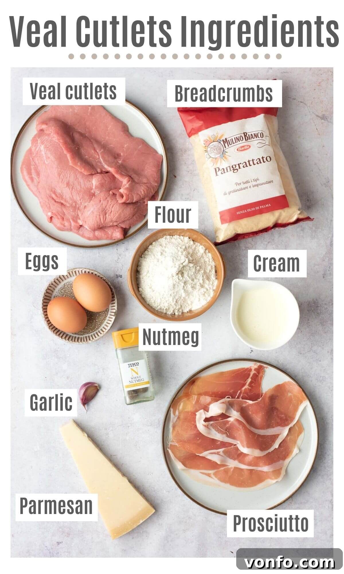 An overhead shot of all the ingredients you need to make veal cutlets with prosciutto and parmesan cream