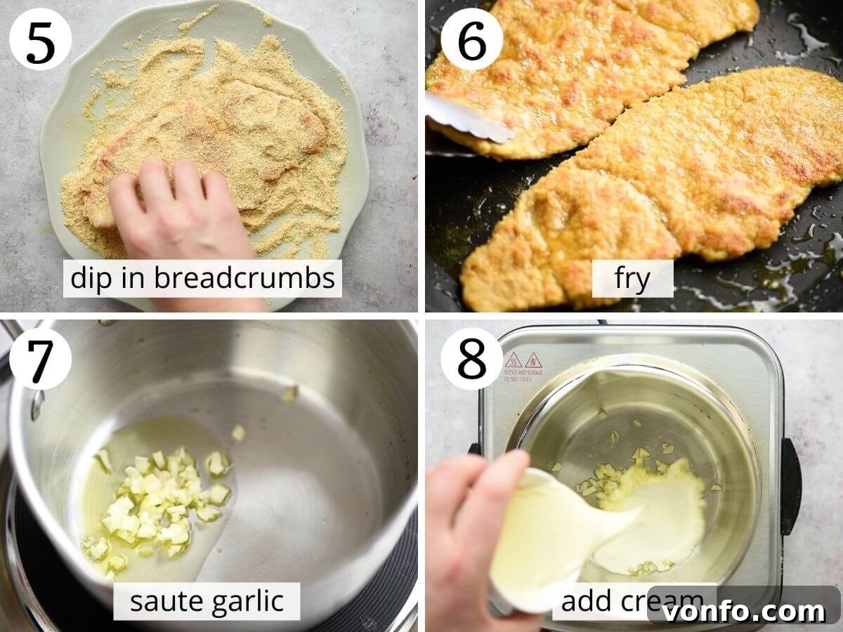 Step by step photos showing how to make parmesan cream sauce and fry veal cutlets