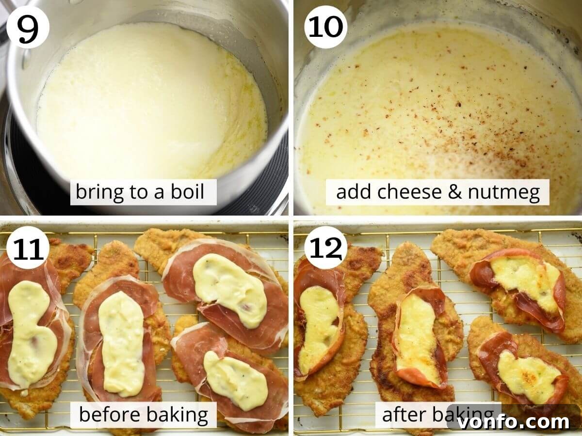 Step by step photos showing the veal cutlets before and after baking