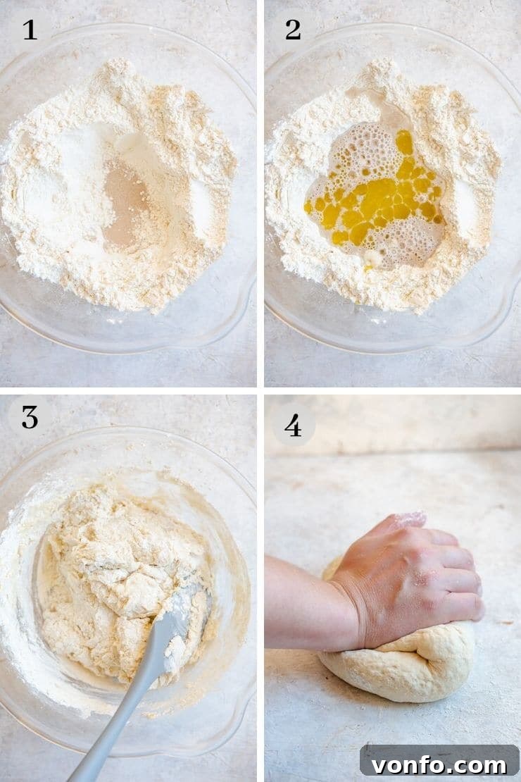 Step-by-step photographs showing the initial mixing of dry and wet ingredients for rosemary focaccia dough in a large bowl, highlighting the formation of the dough.