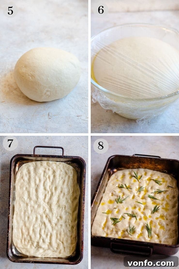 Step-by-step photographs illustrating the gentle shaping and second proofing of rosemary focaccia dough in a rectangular baking tray, ready for the oven.