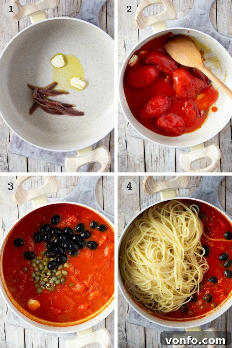 A fantastic Spaghetti alla Puttanesca recipe using fresh cherry tomatoes, capers, olives and garlic it's packed full of flavour and ready in minutes! insidetherustickitchen.com Step by step photos for making spaghetti with puttanesca sauce