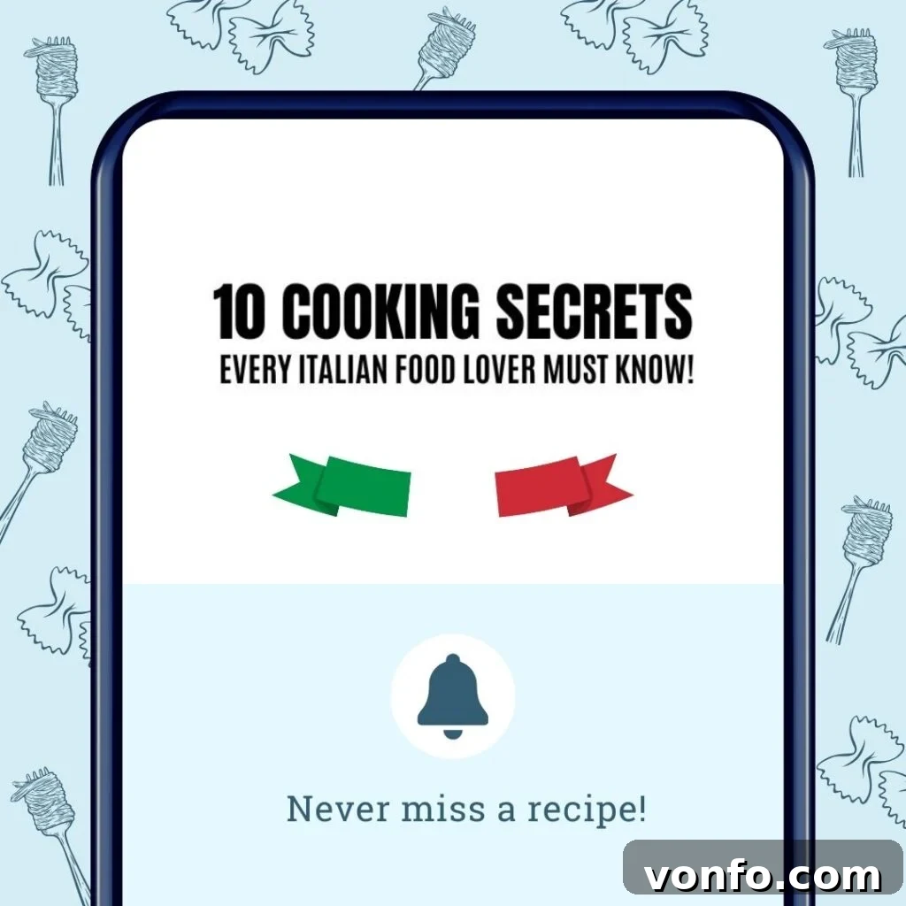 A graphic of a mobile phone that reads 10 cooking secrets every Italian food lover must know.