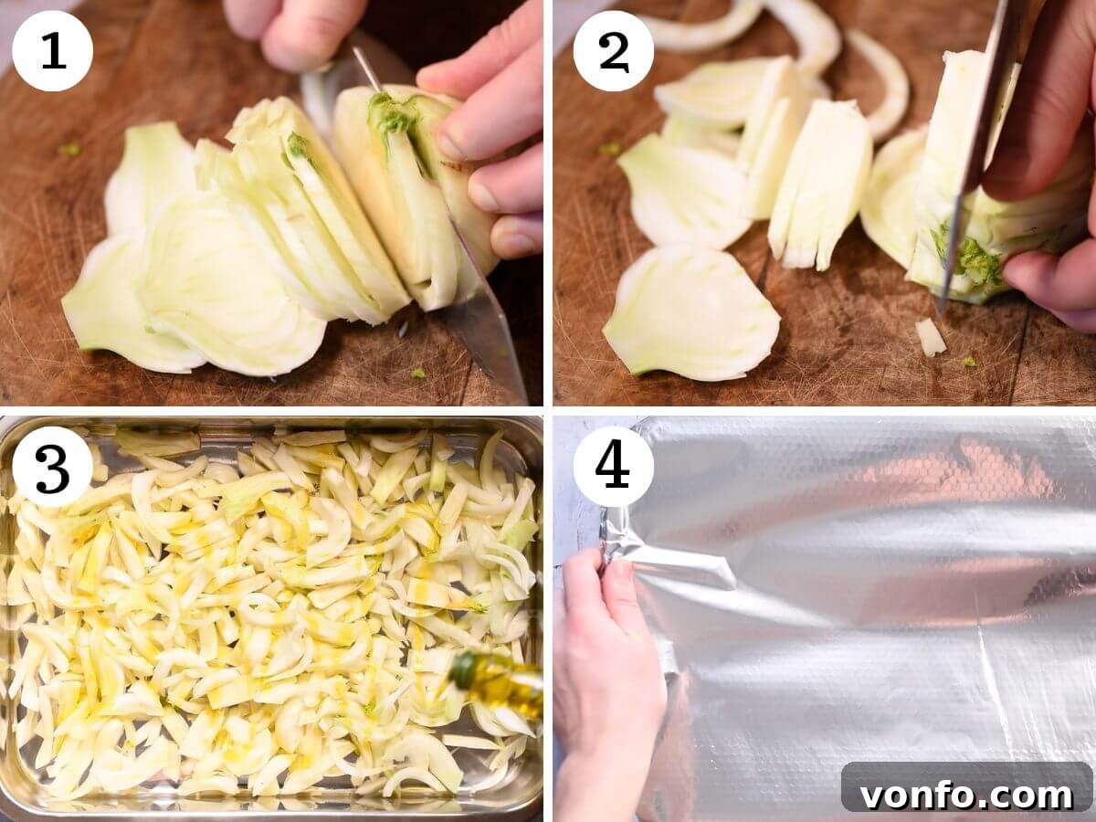 Four photos in a collage showing how to cut fennel into strips and arrange it in a roasting tin before seasoning.