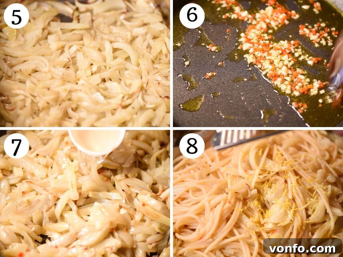 Four photos in a collage showing the preparation of the pasta sauce, including sautéing garlic and chili, adding fennel, and combining with pasta and lemon zest.