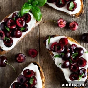 Whipped Ricotta Toast with Balsamic Cherries, a close-up of the finished dish.
