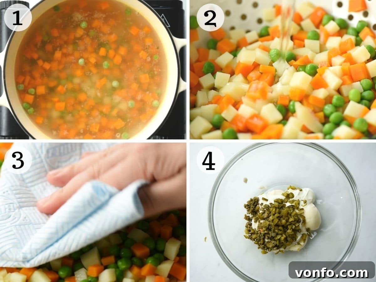 Effortless Classic Russian Salad 3 Step-by-step photos illustrating the preparation of diced carrots, potatoes, and peas for Russian salad.