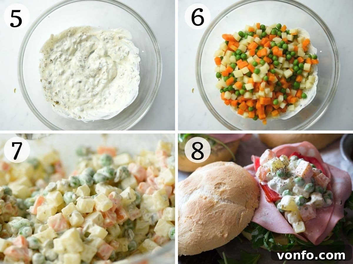 Effortless Classic Russian Salad 4 Step-by-step photos demonstrating the preparation of the creamy and tangy Russian salad dressing.